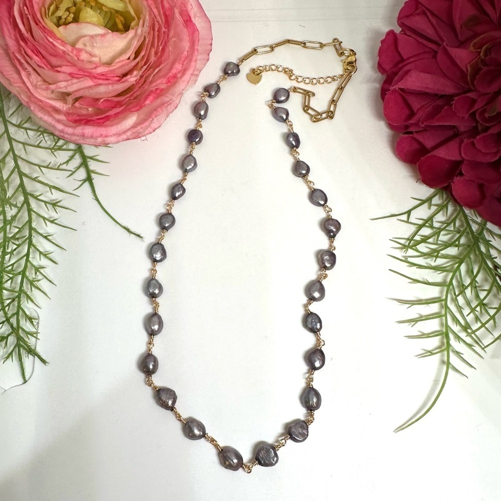 NEW⚜️Gray Freshwater Pearl Chain Link Necklace - Picture 2 of 7